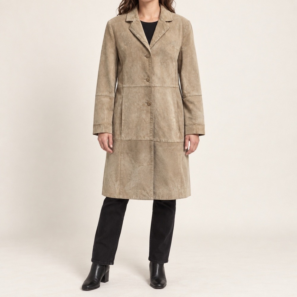 Suede Clio Tan Genuine Leather Long Trench Coat Jacket Womens Size 4 Vintage